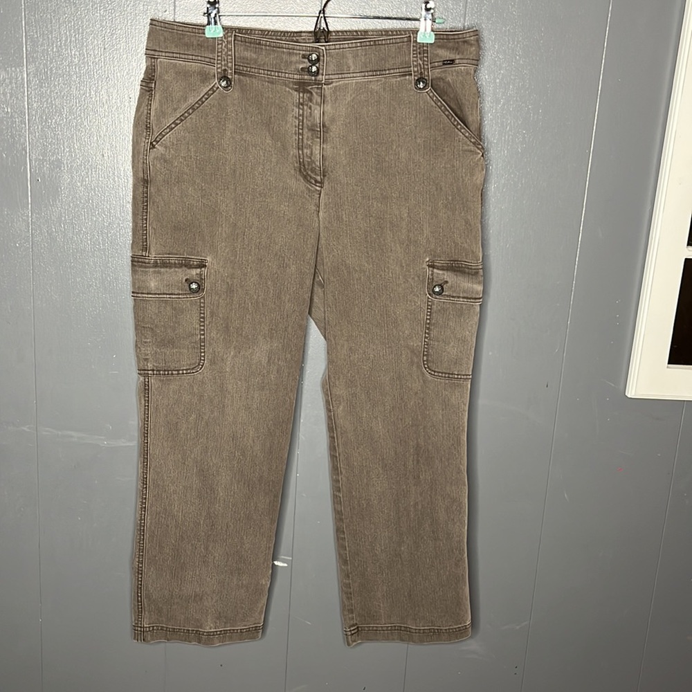 St. John Green Cargo Pants‎ Straight Crop Jeans Cotton Stretch Size 14 High Rise - Picture 8 of 9
